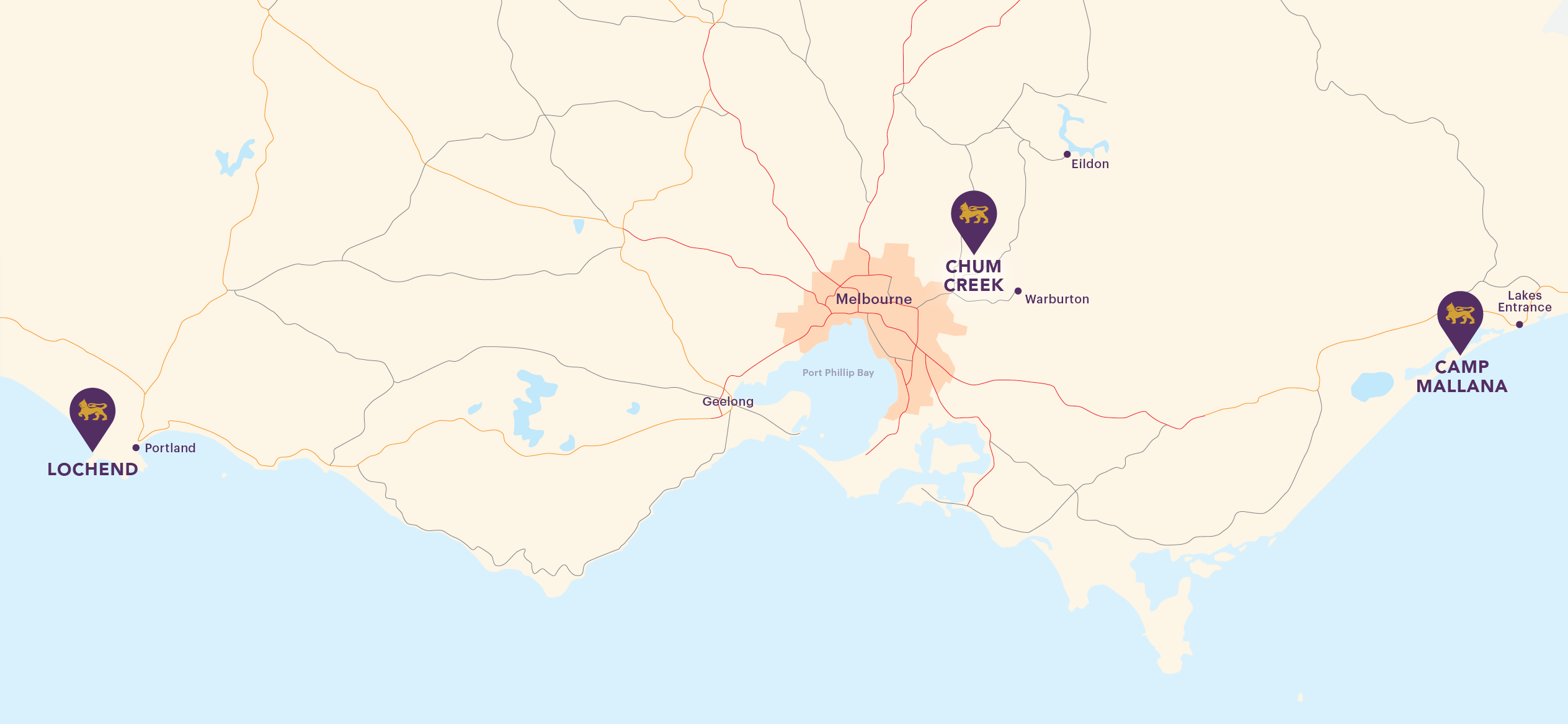 Map of Wesley College's outdoor education sites in Victoria