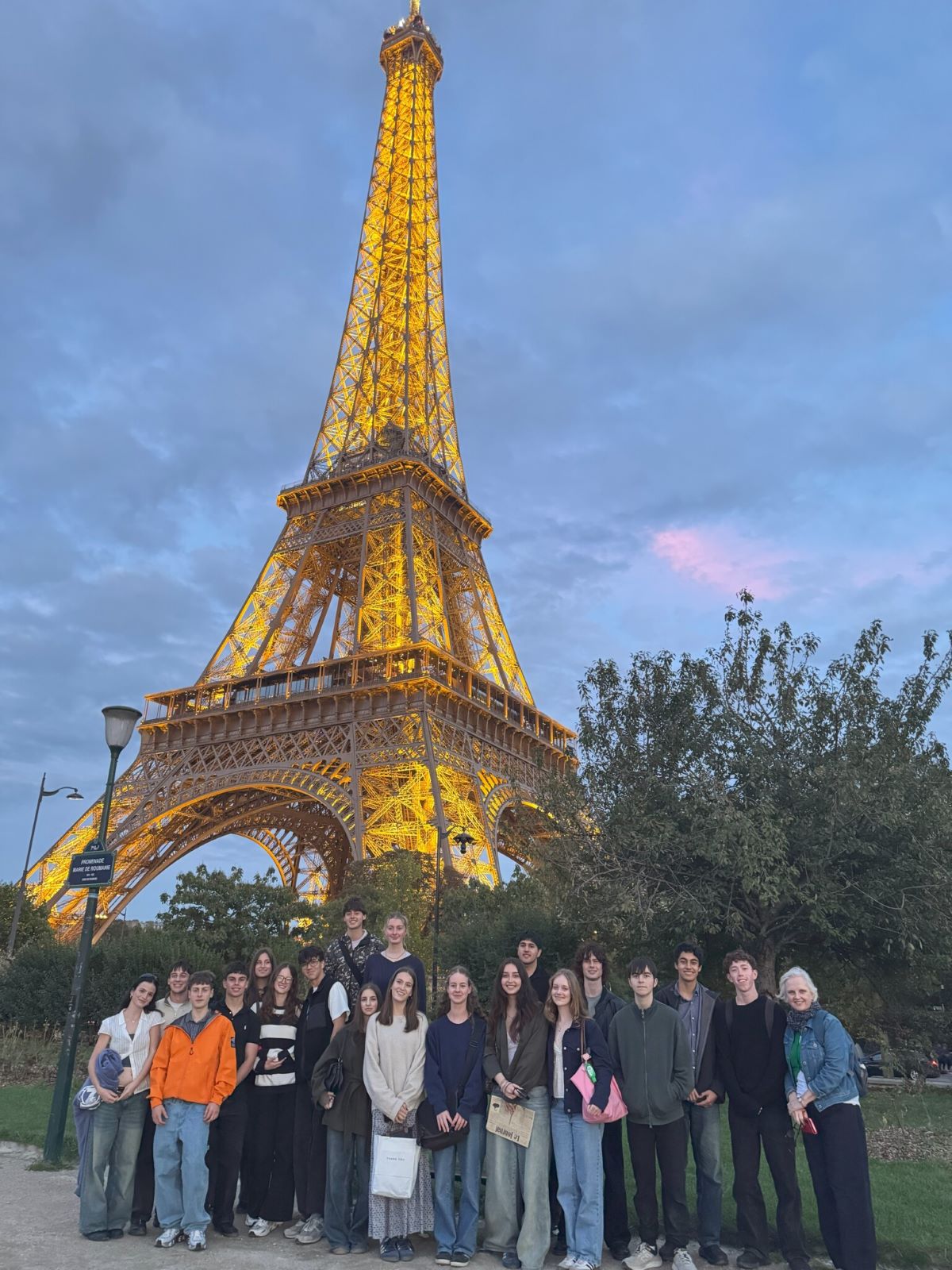 French study tour group with the Eiffel Tower
